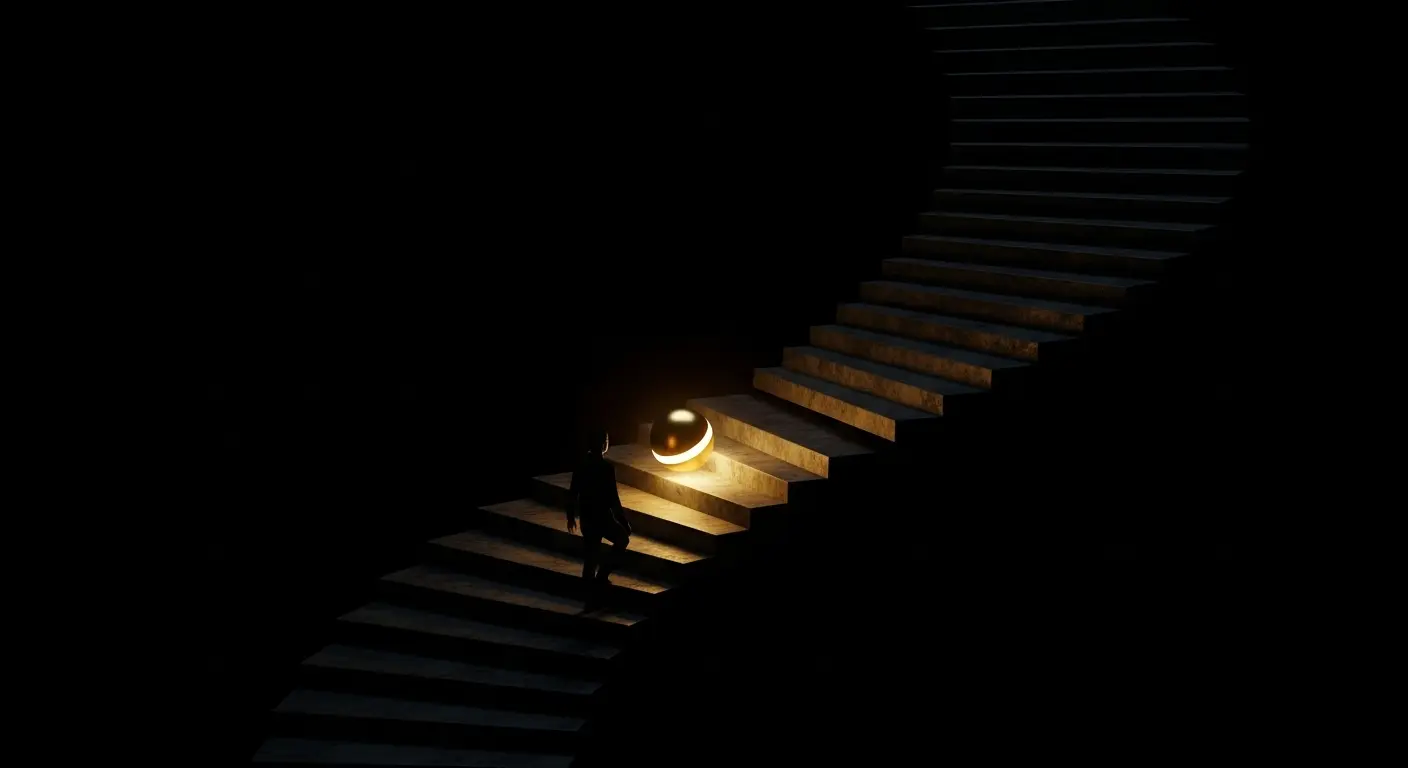A person ascending stairs towards a glowing orb.